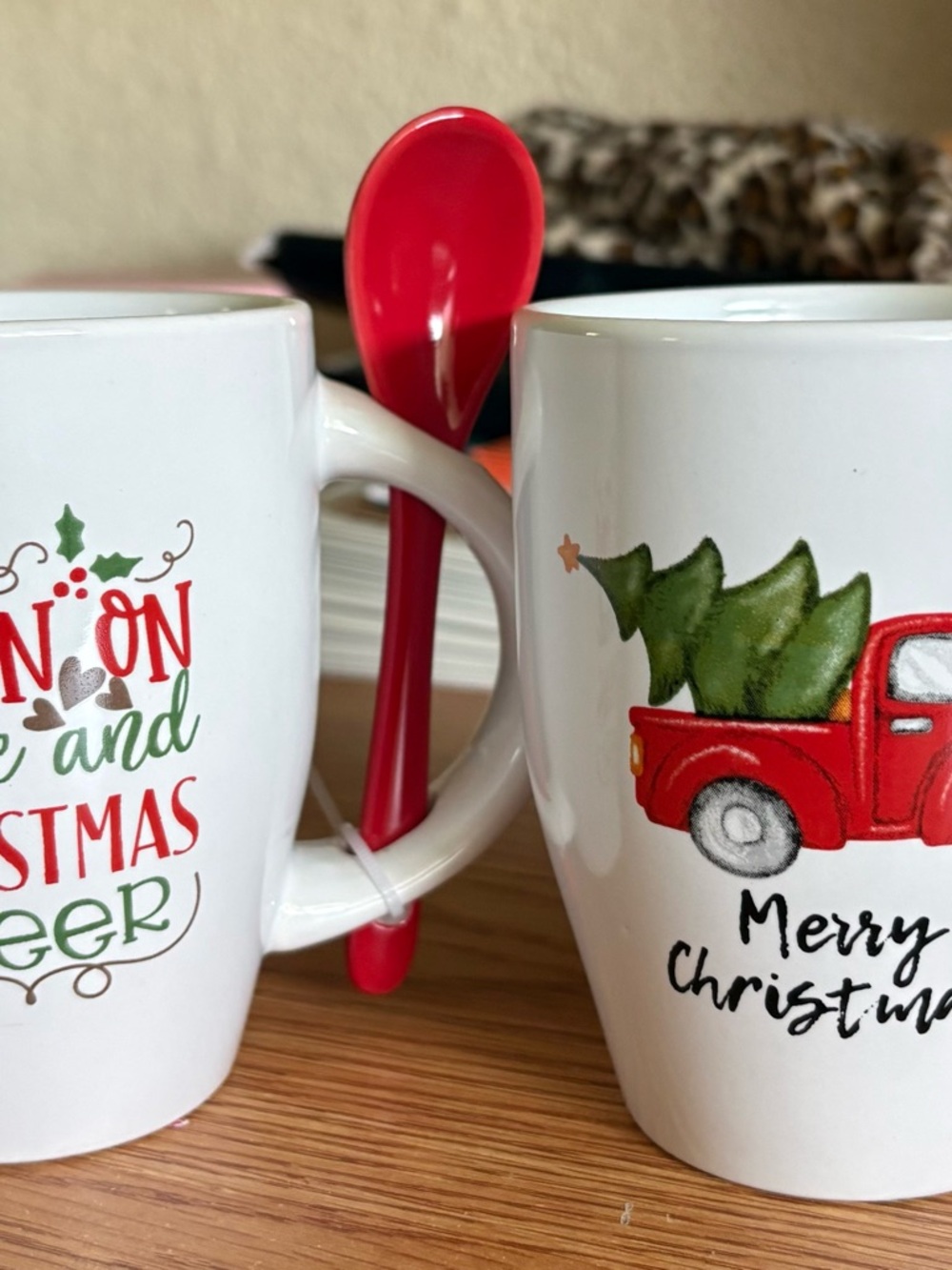 White Ceramic Holiday Mug with Red Truck and Red Spoon